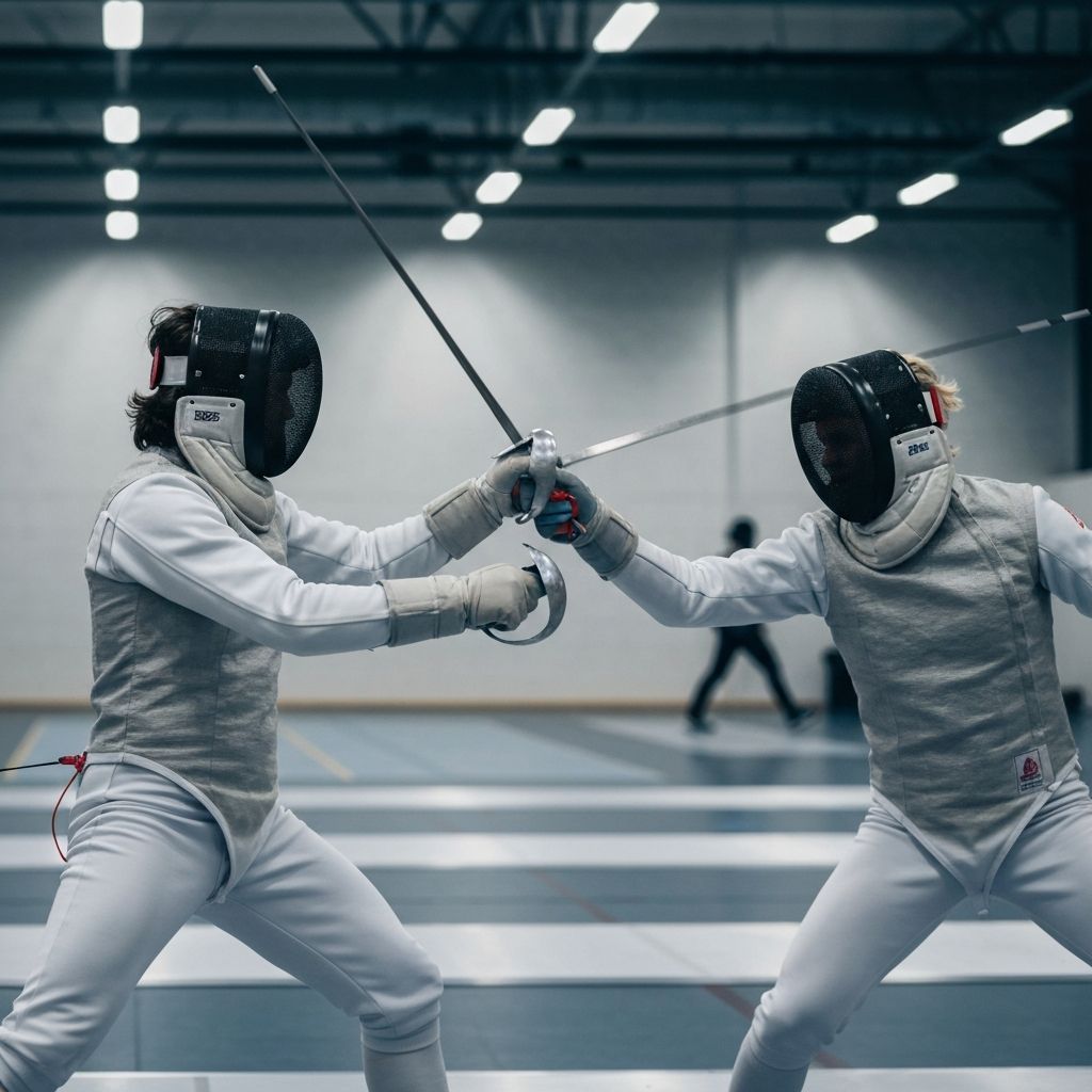 Zwei HEMA-Fechter beim Sparring mit Langschwert in moderner Schutzausrüstung